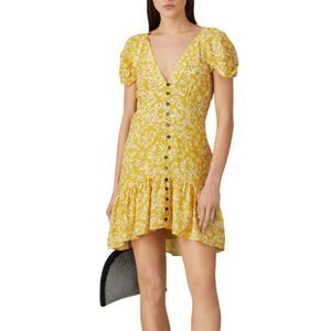 Wish the Brand Golden Bloom Dress Button Front Side Zip Yellow Lined Size Medium